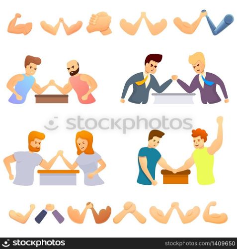 Arm wrestling icons set. Cartoon set of arm wrestling vector icons for web design. Arm wrestling icons set, cartoon style