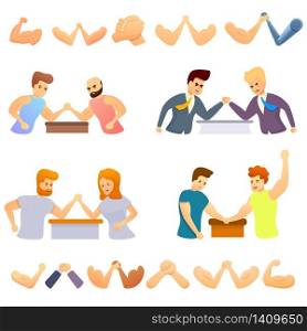 Arm wrestling icons set. Cartoon set of arm wrestling vector icons for web design. Arm wrestling icons set, cartoon style