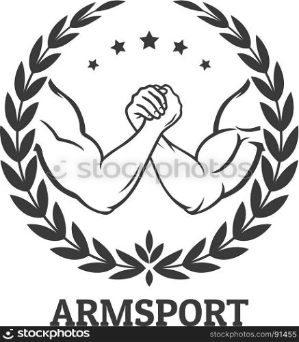 Arm wrestling logo. Arm wrestling logo with two men hands, stars and laurel wreath. Vector illustration