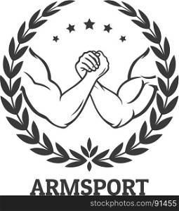 Arm wrestling logo. Arm wrestling logo with two men hands, stars and laurel wreath. Vector illustration