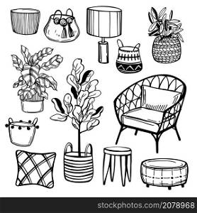 Armchair and indoor plants in baskets. Vector sketch illustration.. Armchair and potted flowers. Vector illustration.