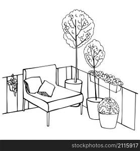 Armchair and plants on balcony. Vector sketch illustration