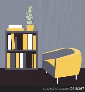 Armchair and shelving with books. Living room.Vector illustration.. Armchair and shelving with books. Living room.