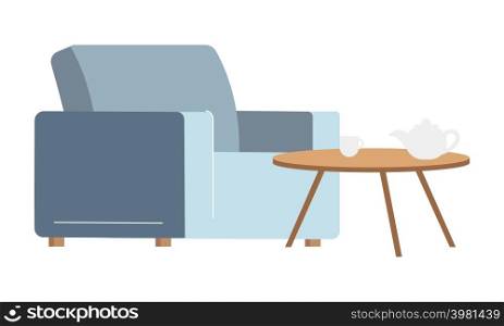 Armchair and wooden coffee table semi flat color vector object. Full sized item on white. Furniture for living room simple cartoon style illustration for web graphic design and animation. Armchair and wooden coffee table semi flat color vector object