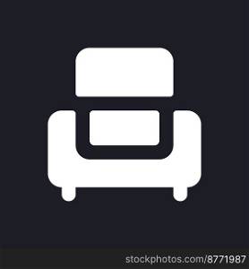 Armchair dark mode glyph ui icon. Hotel arrangement. Motel service. User interface design. White silhouette symbol on black space. Solid pictogram for web, mobile. Vector isolated illustration. Armchair dark mode glyph ui icon