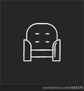 Armchair front chalk white icon on black background. Cozy chair for home interior. Seat with cushion for relaxation. Apartment amenities, furnishing for home. Isolated vector chalkboard illustration. Armchair front chalk white icon on black background
