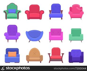 Armchair furniture. Armchair sofa, apartment interior comfortable furniture, modern cozy domestic chair vector isolated illustration icons set. Soft seat chair, seating furnish, armchair fashionable. Armchair furniture. Armchair sofa, apartment interior comfortable furniture, modern cozy domestic chair vector isolated illustration icons set