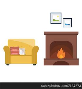 Armchair in front of a fireplace set. vector illustration