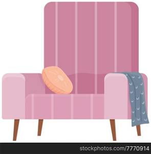 Armchair in retro pink color. Modern soft armchair with upholstery of striped cloth. Living room furniture design concept modern home interior element isolated vector. Soft chair on wooden legs. Retro pink colored armchair. Living room furniture design concept modern home interior element
