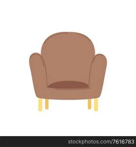 Armchair or brown soft seat with arms, comfortable place for sitting, furniture element for decoration, wooden empty sofa in flat design style vector. Soft Chair or Brown Armchair, Furniture Vector