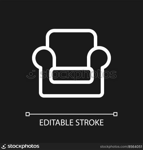 Armchair pixel perfect white linear ui icon for dark theme. Furniture shop. Retail store. Vector line pictogram. Isolated user interface symbol for night mode. Editable stroke. Arial font used. Armchair pixel perfect white linear ui icon for dark theme