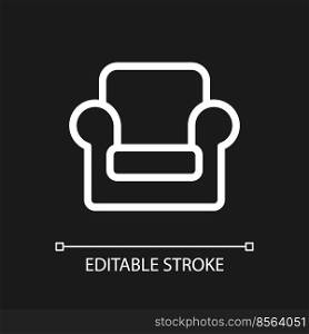 Armchair pixel perfect white linear ui icon for dark theme. Furniture shop. Retail store. Vector line pictogram. Isolated user interface symbol for night mode. Editable stroke. Arial font used. Armchair pixel perfect white linear ui icon for dark theme