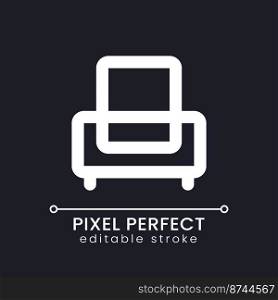 Armchair pixel perfect white linear ui icon for dark theme. Hotel arrangement. Motel service. Vector line pictogram. Isolated user interface symbol for night mode. Editable stroke. Poppins font used. Armchair pixel perfect white linear ui icon for dark theme