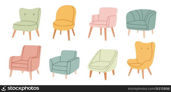 Armchair set, trendy scandinavian chairs isolated on white background. Comfortable armchair and stylish stool bundle. Set of simple and fashionable furniture elements. Vector illustration.