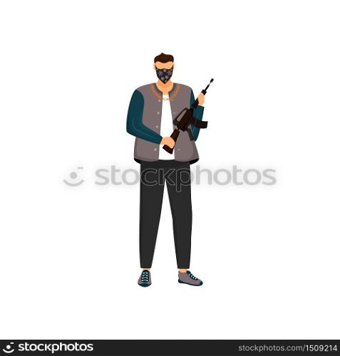 Armed criminal flat color vector faceless character. Masked bandit, dangerous terrorist with assault rifle isolated cartoon illustration for web graphic design and animation. Gang member, gangster