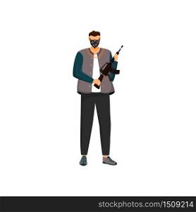 Armed criminal flat color vector faceless character. Masked bandit, dangerous terrorist with assault rifle isolated cartoon illustration for web graphic design and animation. Gang member, gangster