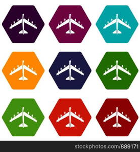 Armed fighter jet icon set many color hexahedron isolated on white vector illustration. Armed fighter jet icon set color hexahedron