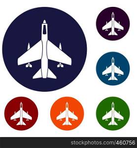 Armed fighter jet icons set in flat circle reb, blue and green color for web. Armed fighter jet icons set