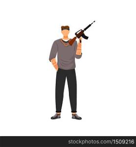 Armed gangster flat color vector faceless character. Young tattooed bandit holding assault rifle isolated cartoon illustration for web graphic design and animation. Young gang member with firearm