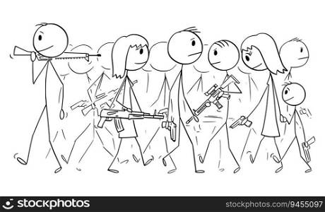 Armed nation, people on street holding guns, vector cartoon stick figure or character illustration.. People on Street Armed with Guns , Vector Cartoon Stick Figure Illustration