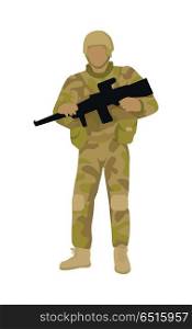 Armed Soldier with Weapon Isolated. Infantry Troop. Armed soldier with weapon isolated. Infantry troop soldiers with gun. Men in camouflage combat uniform. Combat on foot. War concept. Strong fighter troop. Commander. Vector illustration in flat style.