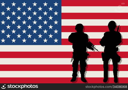 Armed soldiers silhouettes over american flag background
