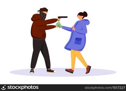 Armed street robbery flat color vector faceless character. Burglar threatening woman with gun. Thief stealing cash from person. Masked criminal robbing girl. Isolated cartoon illustration