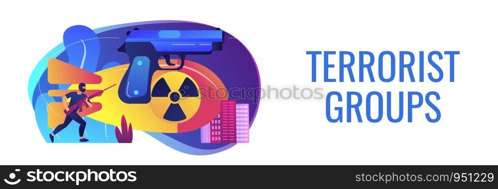 Armed terrorist in mask with nuclear bomb and weapon in city. International terrorism, terrorist groups, counter terrorist operation concept. Header or footer banner template with copy space.. International terrorism concept banner header.