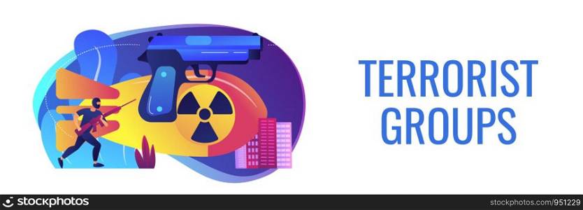 Armed terrorist in mask with nuclear bomb and weapon in city. International terrorism, terrorist groups, counter terrorist operation concept. Header or footer banner template with copy space.. International terrorism concept banner header.