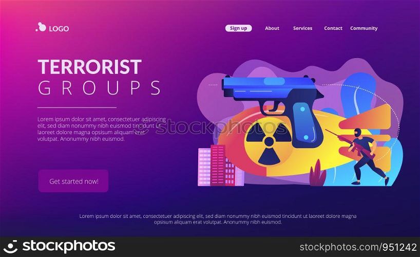 Armed terrorist in mask with nuclear bomb and weapon in city. International terrorism, terrorist groups, counter terrorist operation concept. Website vibrant violet landing web page template.. International terrorism concept landing page.