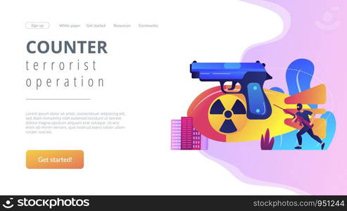 Armed terrorist in mask with nuclear bomb and weapon in city. International terrorism, terrorist groups, counter terrorist operation concept. Website vibrant violet landing web page template.. International terrorism concept landing page.