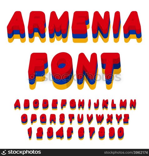Armenia font. Armenian flag on letters. National Patriotic alphabet. 3d letter. State color symbolism state in South Caucasus&#xA;