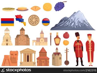 Armenia icons set cartoon vector. Tourism architecture. National city. Armenia icons set cartoon vector. Tourism architecture