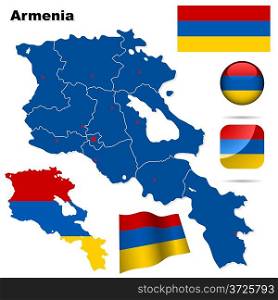 Armenia vector set. Detailed country shape with region borders, flags and icons isolated on white background.