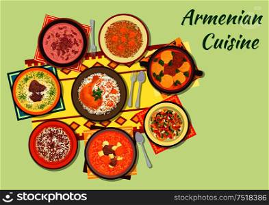 Armenian cuisine icon with dumpling soup, baked chicken stuffed with rice and dried fruit, beef soup with dried apricot, vegetable salad, rice with minced beef, bean soup, yoghurt soup, lentil salad. Rich and flavorful dishes of armenian cuisine icon