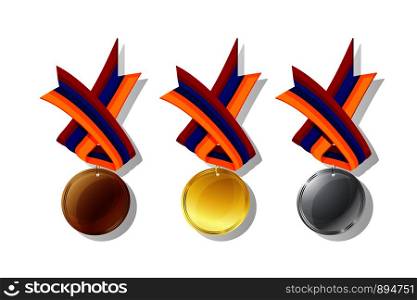 Armenian medals in gold, silver and bronze with national flag. Isolated vector objects over white background