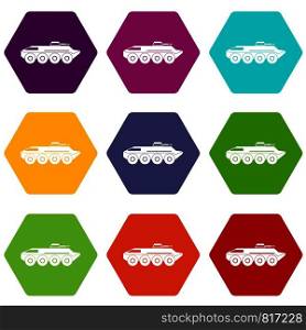 Armored personnel carrier icon set many color hexahedron isolated on white vector illustration. Armored personnel carrier icon set color hexahedron