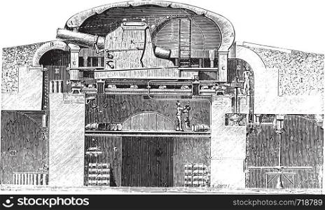 Armored turret cast hard (Gruson system), vintage engraved illustration. Industrial encyclopedia E.-O. Lami - 1875.