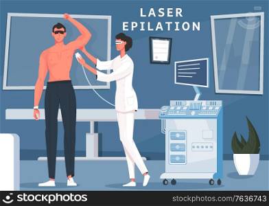 Armpit hair removal man composition with text and clinic scenery with doodle people and medical apparatus vector illustration