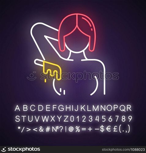 Armpit waxing neon light icon. Female underarm hair removal procedure. Depilation with natural hot sugar wax. Glowing sign with alphabet, numbers and symbols. Vector isolated illustration