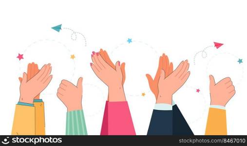 Arms and hands of people clapping and showing thumbs up. Applause, men and women celebrating win flat vector illustration. Appreciation, respect, celebration concept for banner or landing page