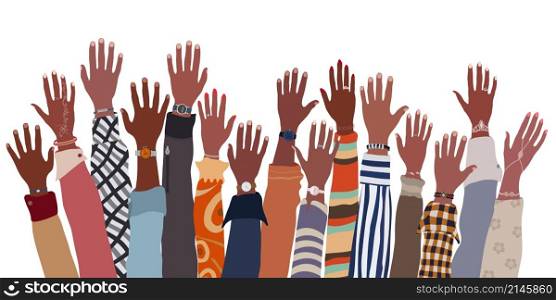 Arms and hands raised up ethnic group of black African and African American men and women. Identity concept - racial equality and justice. Racial discrimination. Diversity people