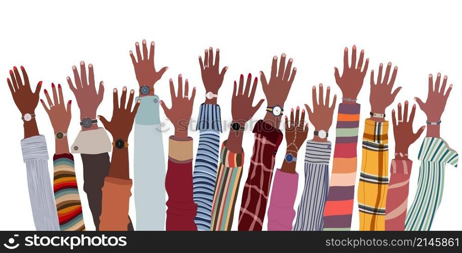 Arms and hands raised up ethnic group of black African and African American men and women. Black people community. Identity concept - racial equality and justice. Racial discrimination