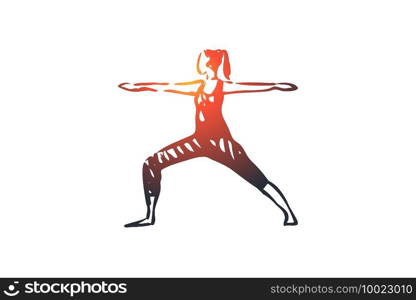 Arms, human, standing, woman, hand concept. Hand drawn woman standing in pose with arms raised concept sketch. Isolated vector illustration.. Arms, human, standing, woman, hand concept. Hand drawn isolated vector.