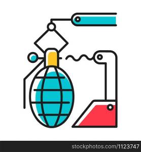 Arms industry blue color icon. Defense technology. Military sector. Weapon development, production. Preparing for war. Automatic grenades production line. Isolated vector illustration