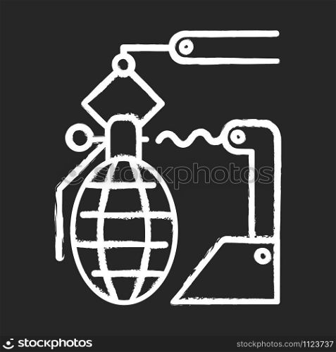 Arms industry chalk icon. Defense technology. Military sector. Weapon development, production. Preparing for war. Automatic grenades production line. Isolated vector chalkboard illustration