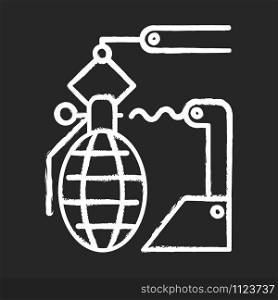 Arms industry chalk icon. Defense technology. Military sector. Weapon development, production. Preparing for war. Automatic grenades production line. Isolated vector chalkboard illustration