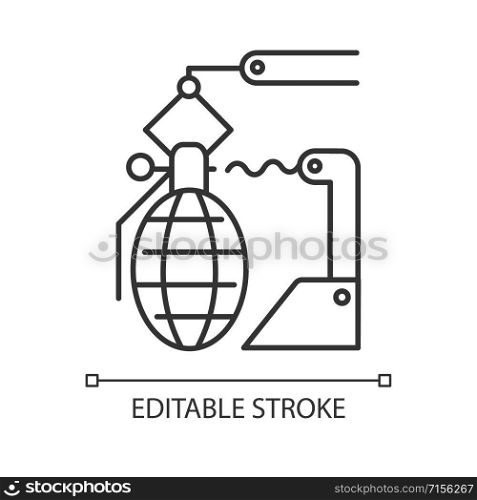 Arms industry linear icon. Defense technology. Military sector. Weapon development, production. Thin line illustration. Contour symbol. Vector isolated outline drawing. Editable stroke