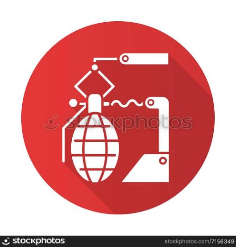 Arms industry red flat design long shadow glyph icon. Defense technology. Military sector. Weapon production. Preparing for war. Automatic grenades production line. Vector silhouette illustration