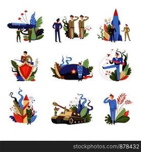 Army and military people on service isolated set vector. Person wearing uniform making orders to soldiers, man with gun and shield. Big hat with star, tank and launching rocket with foliage leaves. Army and military people on service set vector
